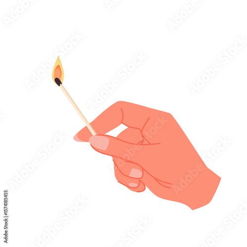 Hand holding one burning wooden match with hot fire. Fingers of man hold lit wood matchstick to light flame of bonfire, cook on gas stove in kitchen or smoke cigarette
