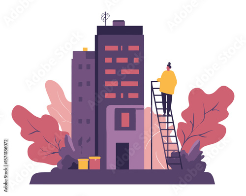 Urban Landscape Illustration with Person Standing on Ladder