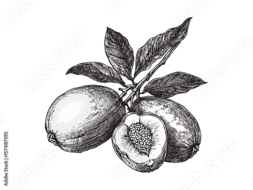 Tropical langsat fruit engraving, vintage botanical style, exotic edible plant sketch, black ink art, antique healthy food illustration, old-world decor print, tropical fruit poster,