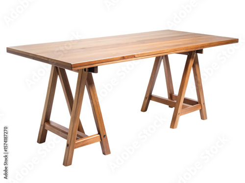 Photo of wooden trestle table with simple modern design isolated on white isolated on transparent background