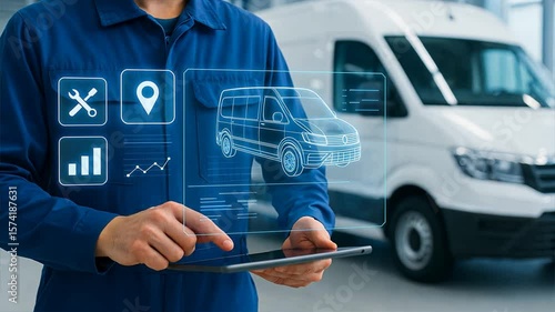 A worker holds a tablet with digital overlays showing vehicle data, highlighting fleet tracking and management in a tech driven workspace