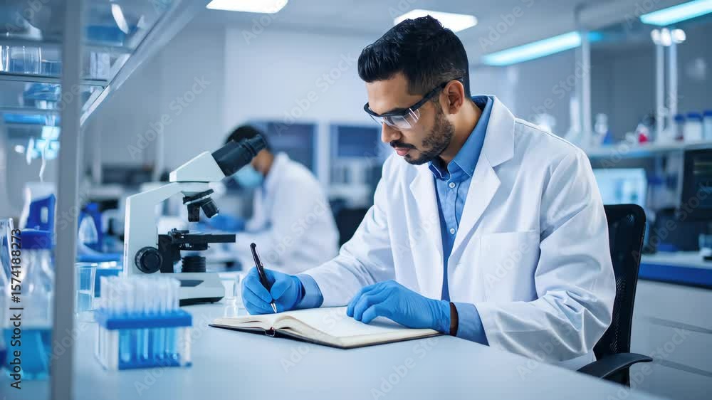Scientist in Lab Coat Documents Research Findings Scientist in Lab Coat Documents Research Findings