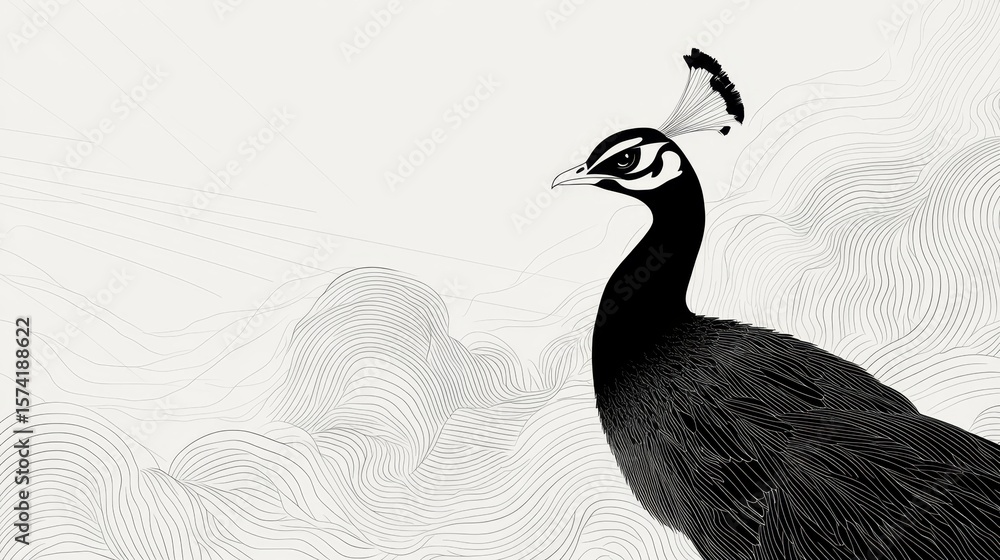 Fototapeta premium Stunning Black and White Vector Illustration of a Graceful Peacock with Detailed Contour Lines