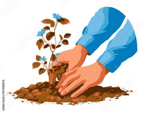 Hand Planting a Small Blue Flower in a Cartoon Style Vector Illustration