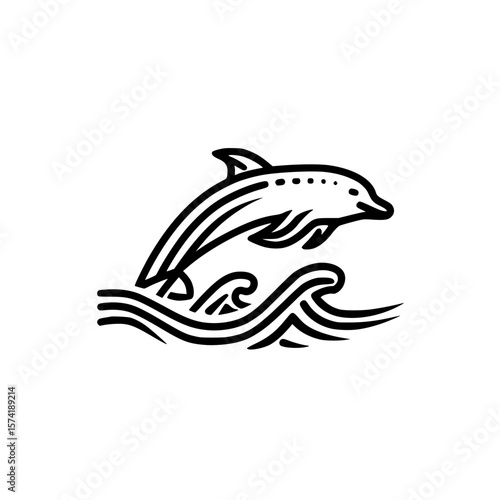 Silhouette pictogram of a dolphin leaping above ocean waves against a plain background in a minimalistic style