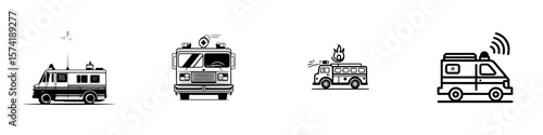 Set of silhouette pictograms depicting various emergency and service vehicles in black and white