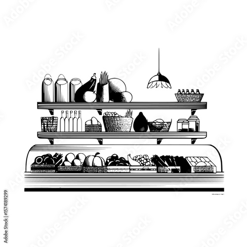 Silhouette pictogram of a market display with shelves of groceries and products in a minimalist design