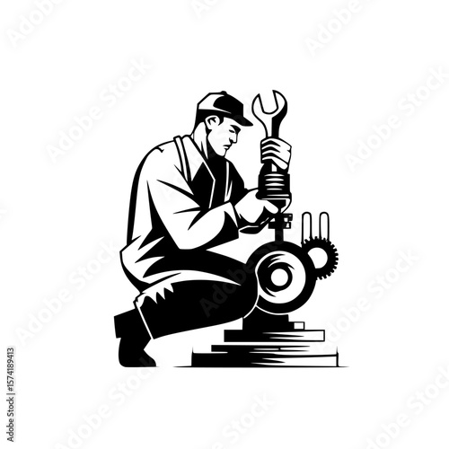 Silhouette pictogram of a technician performing maintenance on machinery with tools in a workstation environment