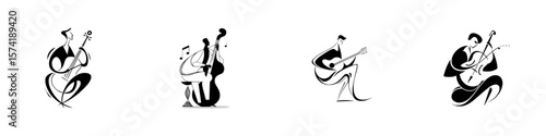 Silhouette pictogram set illustrating musicians playing various instruments in a creative and artistic style
