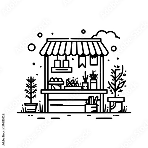 Illustration of a market stall displaying fresh produce, plants, and gardening supplies in a vibrant outdoor setting