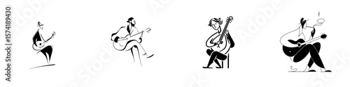 Silhouette pictogram collection showcasing musicians playing various string instruments in different poses and styles