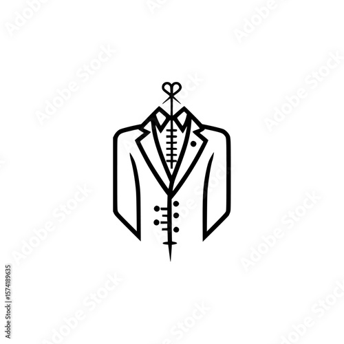 Silhouette pictogram of a tailored suit jacket with a sewing needle and scissors, symbolizing fashion design and tailoring