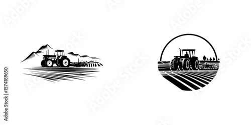Silhouette pictogram of tractors working in fields with distant mountains and cultivated land