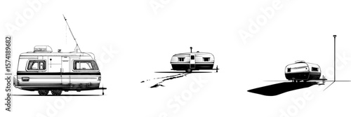 Silhouette pictogram set of vintage trailers showcasing various outdoor activities and travel scenarios