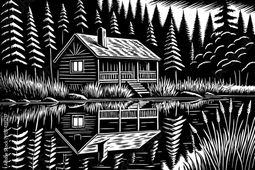 A lakeside wooden cottage with reflection in calm water, reeds, birds, and pine trees vector black and white line art illustration