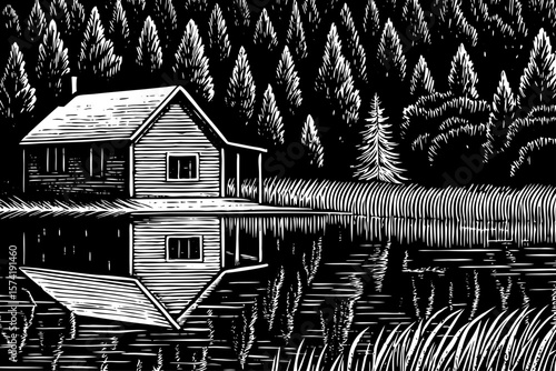 A lakeside wooden cottage with reflection in calm water, reeds, birds, and pine trees vector black and white line art illustration