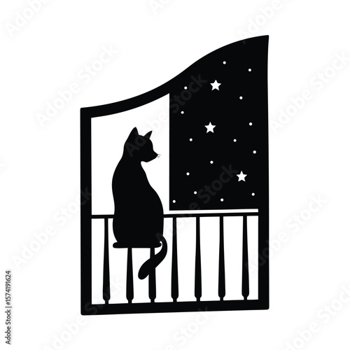 Black cat silhouette on balcony watching starry night sky stars