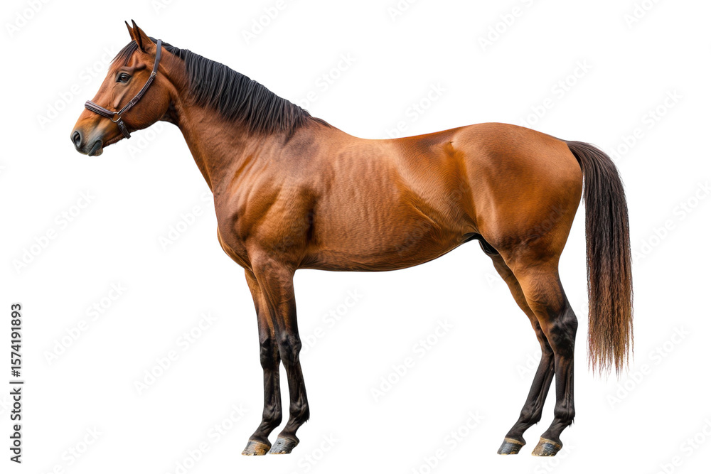 Obraz premium Majestic Equine Portrait Brown Horse Standing Gracefully with Bridle Against Black Backdrop