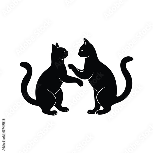 Two black cat silhouettes playing together on a white background cats