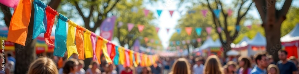 Fototapeta premium Vibrant outdoor festival with colorful flags and diverse crowd