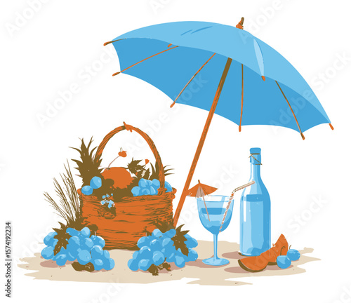 Summer Picnic with Basket, Drinks, Fruits, and Beach Umbrella