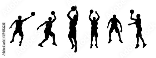 Vector set of basketball player silhouettes in action poses like dribbling, shooting, dunking. Perfect for sports themes, training visuals, posters, and fitness designs. Transparent background.