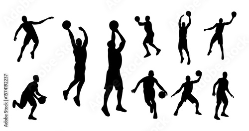 Vector set of basketball player silhouettes in action poses like dribbling, shooting, dunking. Perfect for sports themes, training visuals, posters, and fitness designs. Transparent background.