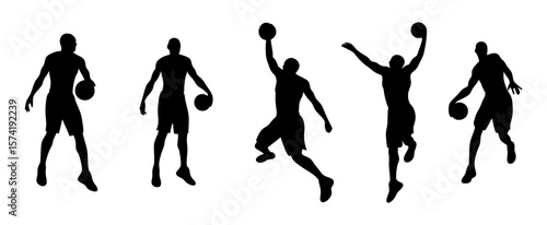 Vector set of basketball player silhouettes in action poses like dribbling, shooting, dunking. Perfect for sports themes, training visuals, posters, and fitness designs. Transparent background.