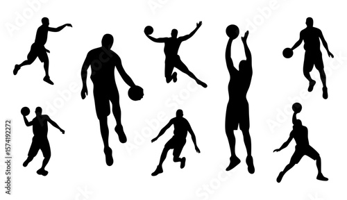 Vector set of basketball player silhouettes in action poses like dribbling, shooting, dunking. Perfect for sports themes, training visuals, posters, and fitness designs. Transparent background.