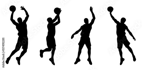 Vector set of basketball player silhouettes in action poses like dribbling, shooting, dunking. Perfect for sports themes, training visuals, posters, and fitness designs. Transparent background.