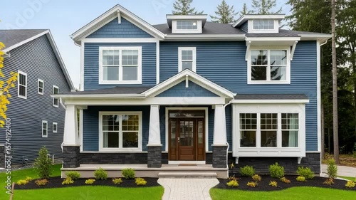 A beautiful blue suburban house with a wellmanicured lawn and garden, showcasing residential architecture and family living
