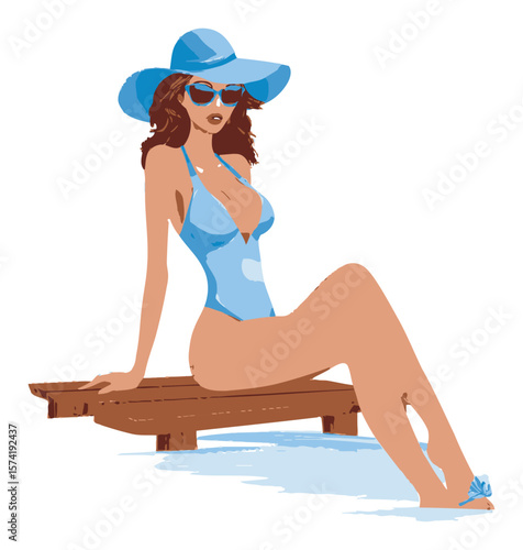 Cartoon Woman Relaxing by Water in a Stylish Hat and Sunglasses