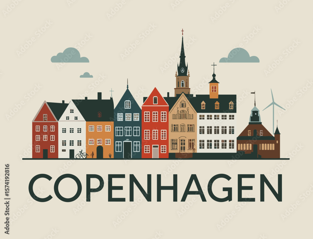 custom made wallpaper toronto digitalFlat vector of colorful Copenhagen houses and church towers. Vintage-inspired Nordic cityscape illustration for travel and design themes