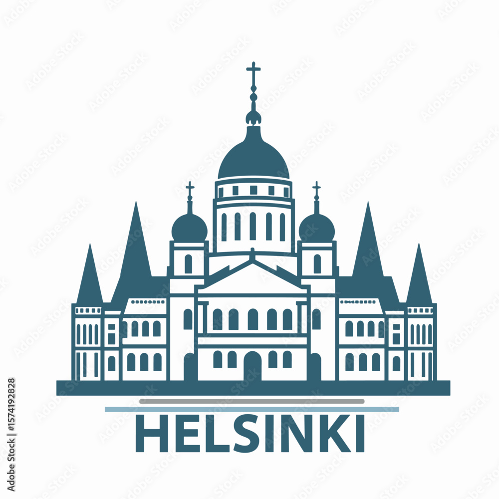 Flat vector of Helsinki skyline with iconic cathedral. Classic and elegant northern European architecture Flat vector of Helsinki skyline with iconic cathedral. Classic and elegant northern European architecture