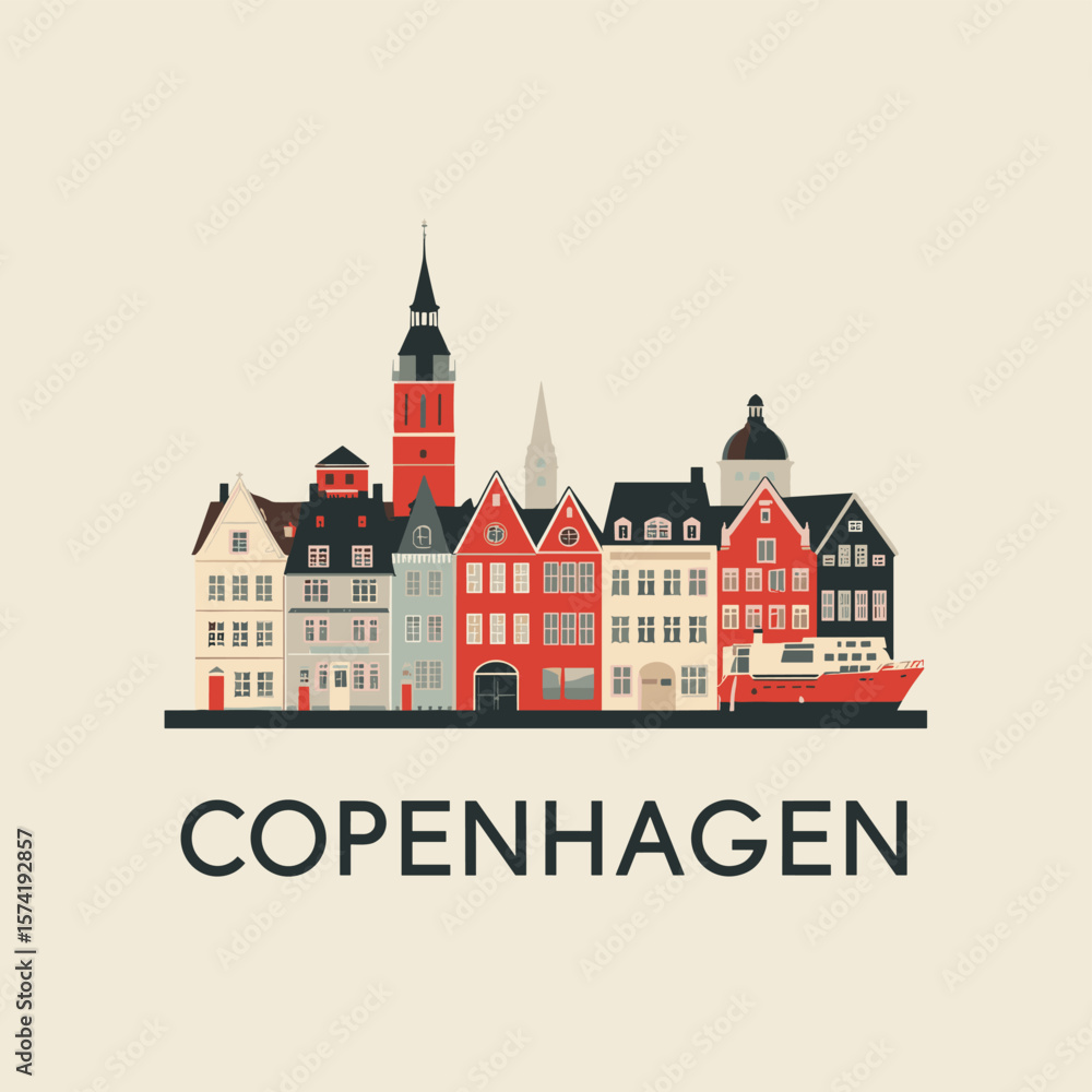 custom made wallpaper toronto digitalVector of Copenhagen with colorful buildings and spire. Charming Scandinavian cityscape in flat design