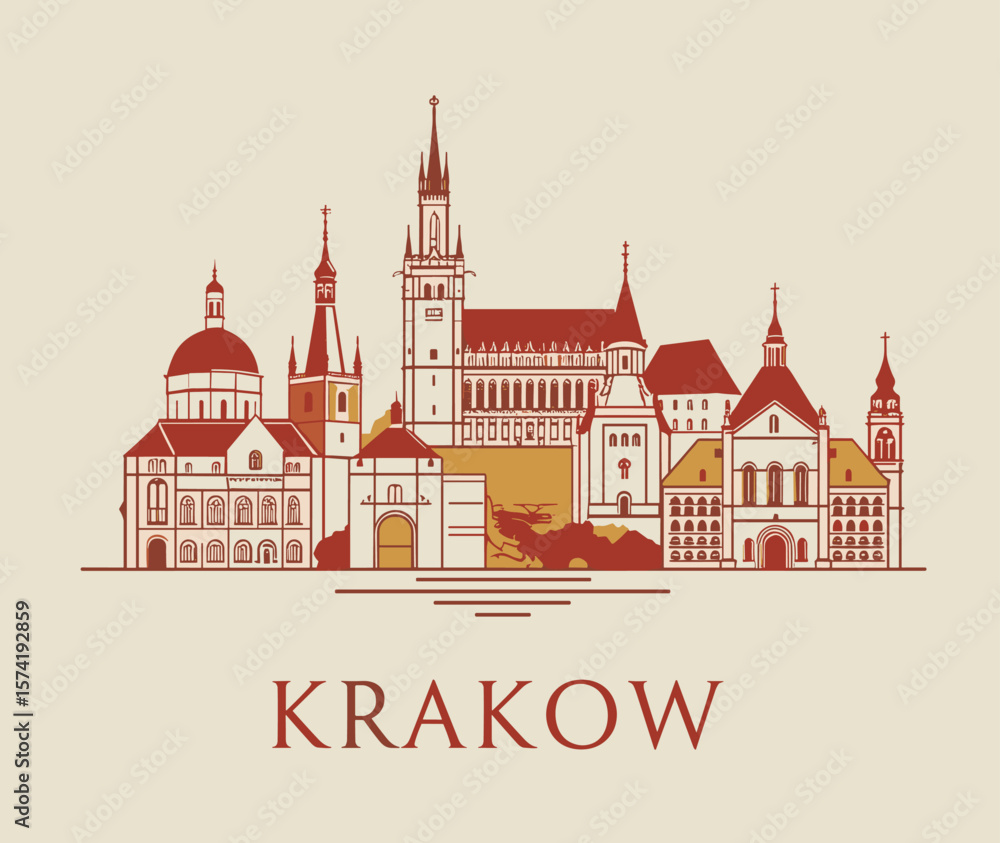 Fototapeta premium Vector of Krakow skyline with cathedrals, towers and classic European architecture. Warm traditional tone