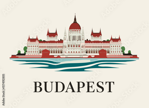 Vector illustration of Budapest Parliament with river in front. Modern minimal design in warm tones, ideal for travel or city-themed artwork