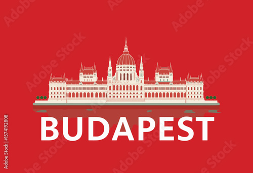 Vector of Budapest with iconic Parliament building and reflection. Classic European capital illustration