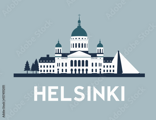 Vector illustration of Helsinki with iconic cathedral and modern Nordic style. Blue background with clean white architecture