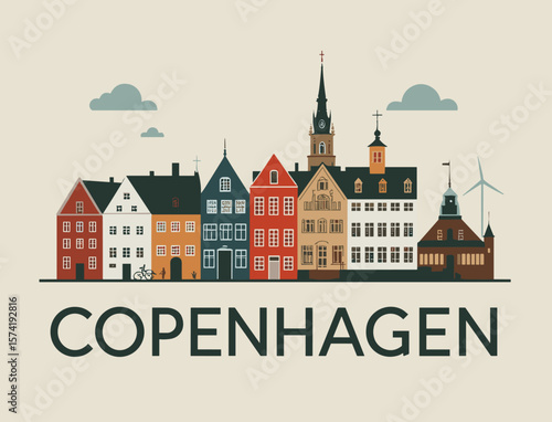 Flat vector of colorful Copenhagen houses and church towers. Vintage-inspired Nordic cityscape illustration for travel and design themes
