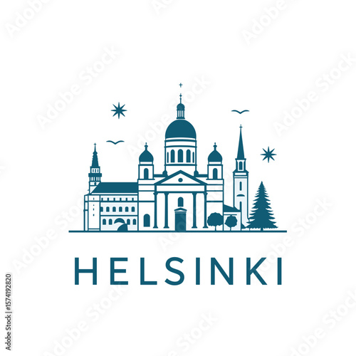 Minimalist vector skyline of Helsinki featuring cathedral and towers with stars. Clean, elegant design for travel and Nordic themes