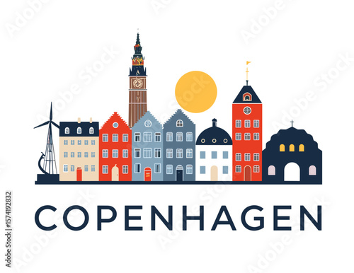 Colorful vector illustration of Copenhagen skyline with sun, modern flat style. Ideal for travel, tourism, or Scandinavian-themed design
