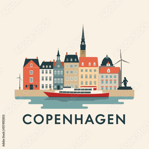 Flat vector of Copenhagen with boats, windmill and colorful waterfront buildings. Scenic and modern look