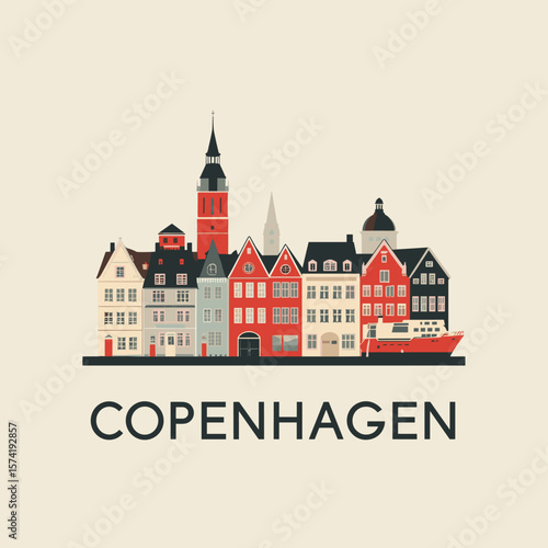 Vector of Copenhagen with colorful buildings and spire. Charming Scandinavian cityscape in flat design