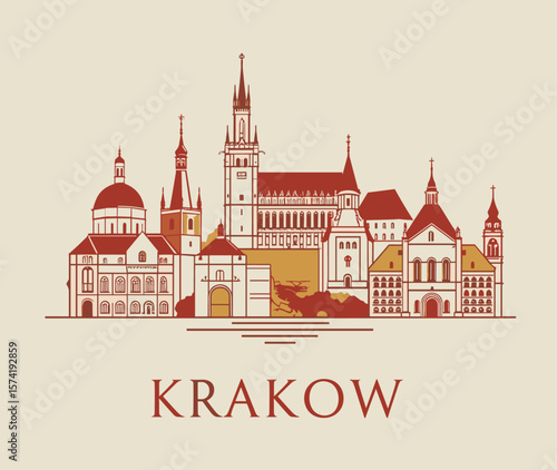 Vector of Krakow skyline with cathedrals, towers and classic European architecture. Warm traditional tone