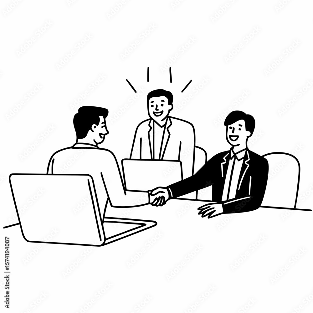 Smiling businessman shaking client hand, closing successful deal, sitting at table with laptop in office, satisfied hr manager hiring new employee, business partners handshaking at meeting Smiling businessman shaking client hand, closing successful deal, sitting at table with laptop in office, satisfied hr manager hiring new employee, business partners handshaking at meeting