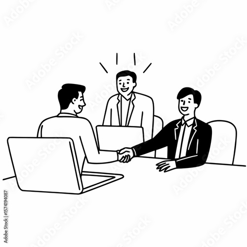 Smiling businessman shaking client hand, closing successful deal, sitting at table with laptop in office, satisfied hr manager hiring new employee, business partners handshaking at meeting