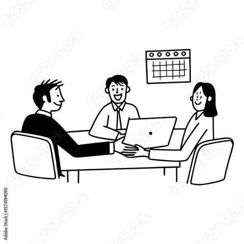 Smiling businessman shaking client hand, closing successful deal, sitting at table with laptop in office, satisfied hr manager hiring new employee, business partners handshaking at meeting