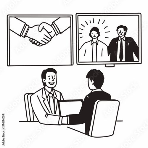 Smiling businessman shaking client hand, closing successful deal, sitting at table with laptop in office, satisfied hr manager hiring new employee, business partners handshaking at meeting