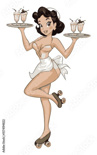 Vintage Style Hand-Drawn Waitress with Roller Skates Serving Milkshakes